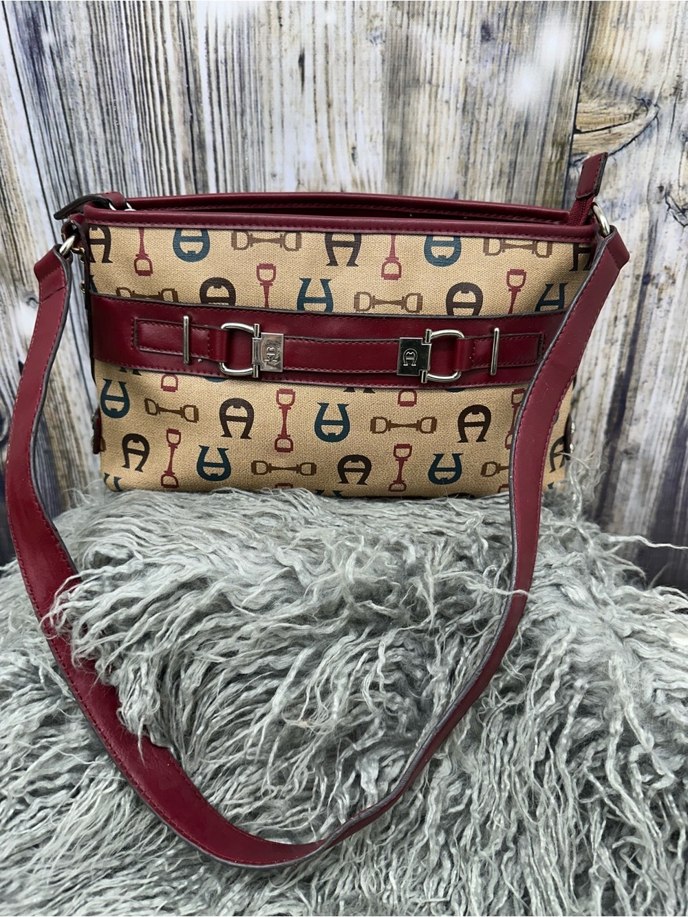 Etienne Aigner Beige Canvas Shoulder Bag with Red Trim